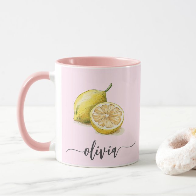 Caneca Cor de Água Personalizada Moderna Amarelo-Limão-Ro (Com Donut)