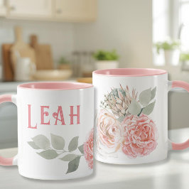 Caneca Cor-de-rosa letras grandes nome mug Flores aquarel