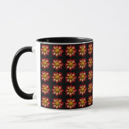 Caneca Cor Vermelha Dahlia Padrão Floral em Preto