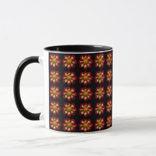 Caneca Cor Vermelha Dahlia Padrão Floral em Preto