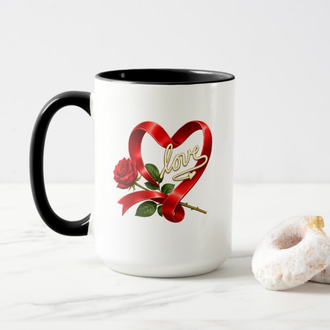 Caneca Coração de Amor Rosa Vermelha Romântica (Com Donut)
