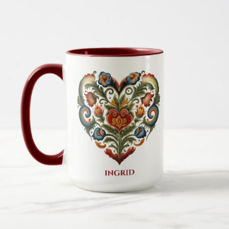 Caneca Coração de Arte Folk Personalizada Norueguesa Rose
