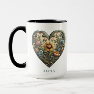 Caneca Coração de Arte Folk Personalizada Norueguesa Rose