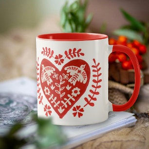 Caneca Coração de Arte Popular Vermelho e Branco