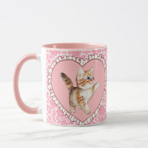 Caneca Coração de Gatinho Floral Cor-de-Foca-Rosa, Bonita