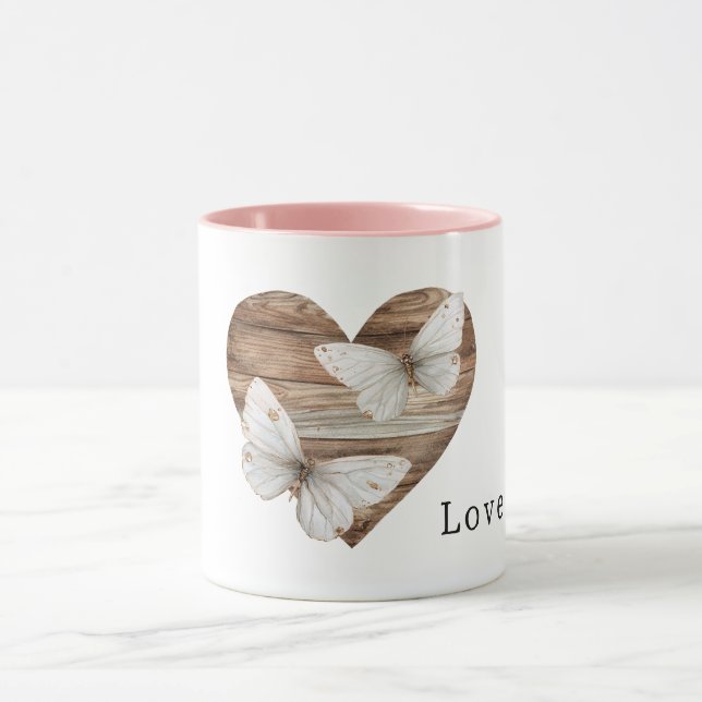 Caneca Coração de madeira falsa marrom borboletas brancas (Centro)