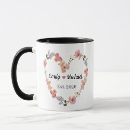 Caneca Coração Floral Personalizado com Nomes de Casal e