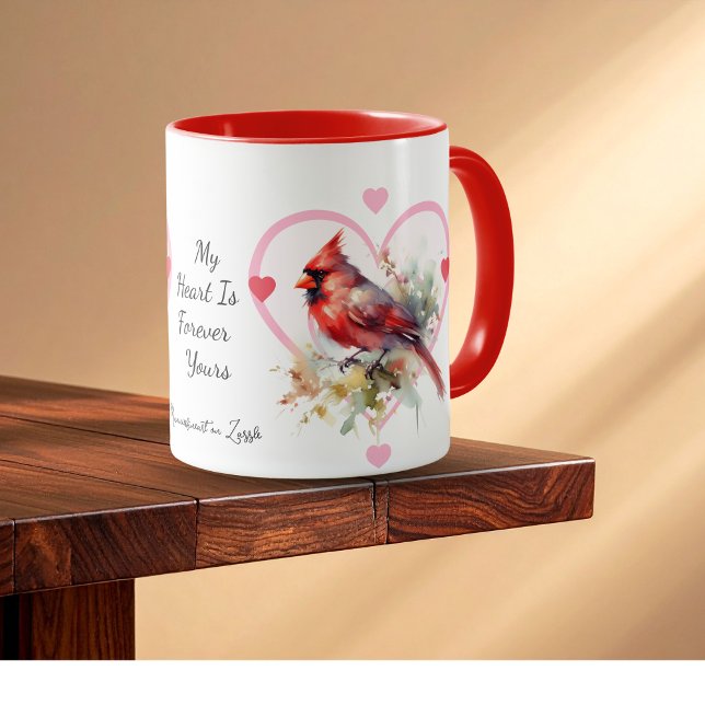 Caneca Coração 'Para Sempre' Cardinal Vermelho Personaliz (Customize the Script.)