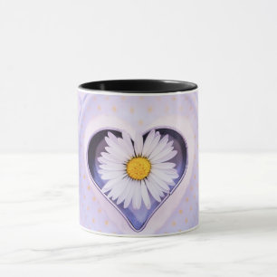 Caneca Coração Roxo e Flor de Margarida Branca - Floral E