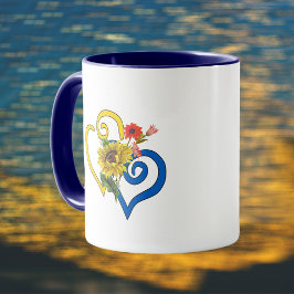 Caneca Coração Torcido Amarelo Azul com Buquê de Girassol