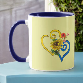 Caneca Coração Torcido Amarelo Azul com Girassol em Amare