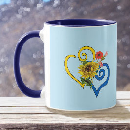 Caneca Coração Torcido Amarelo Azul com Girassol em Azul