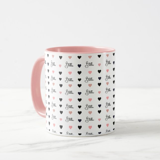 Caneca Corações Cor-de-Rosa Alinhados com Nome Repetido (Frente Esquerda)