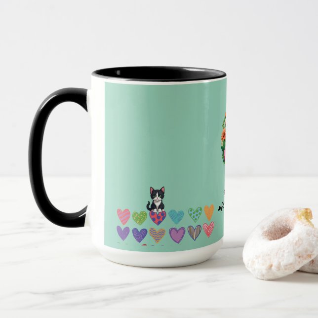 Caneca Corações de amantes de gatos e flores  (Com Donut)