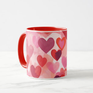 Caneca Corações de Aquarela Rosa e Vermelho Coquette Româ