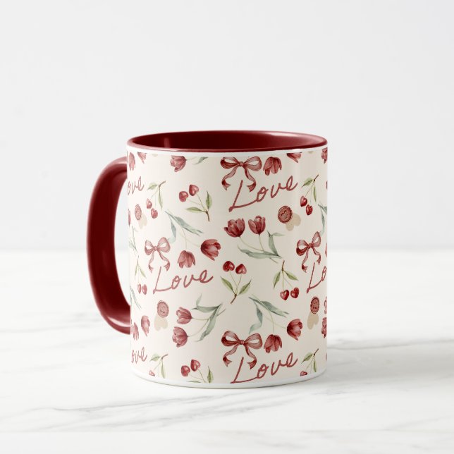Caneca Corações de Cereja Vermelhos Creme Arcos de Amor D (Frente Esquerda)