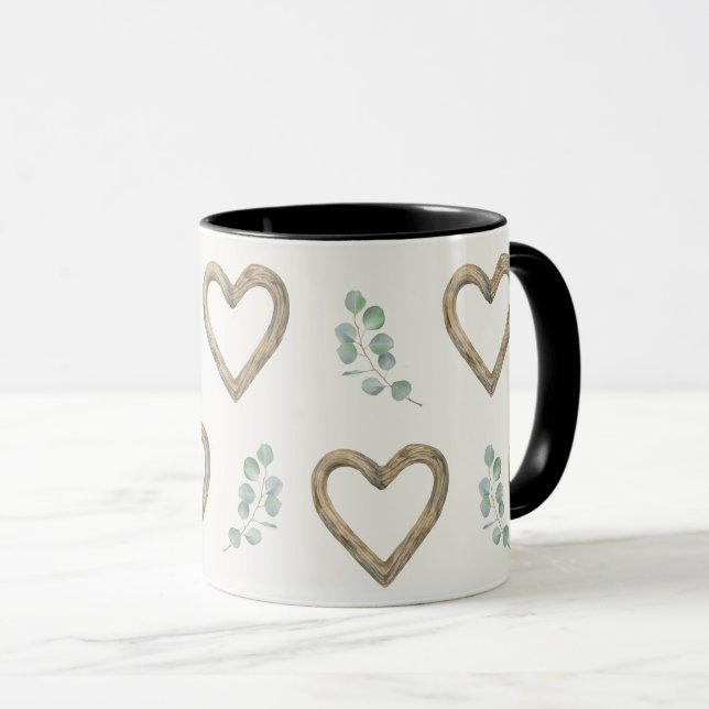 Caneca Corações de eucalipto e madeira em aquarela (Frente Esquerda)