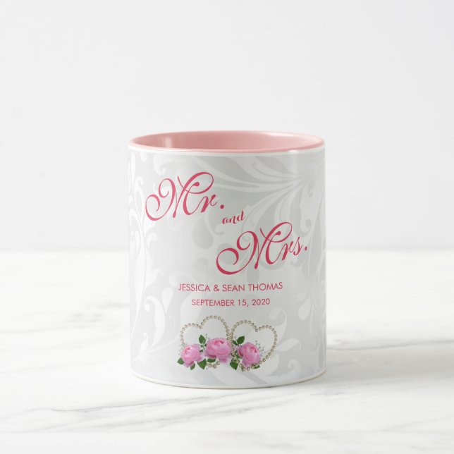 Caneca Corações de Pérola & Rosas Damask Dia de Noivado (Centro)