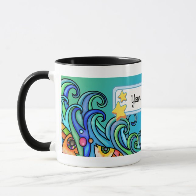 Caneca Cores Brilhantes, Ondas - Rabiscos De Peixe, Perso (Esquerda)
