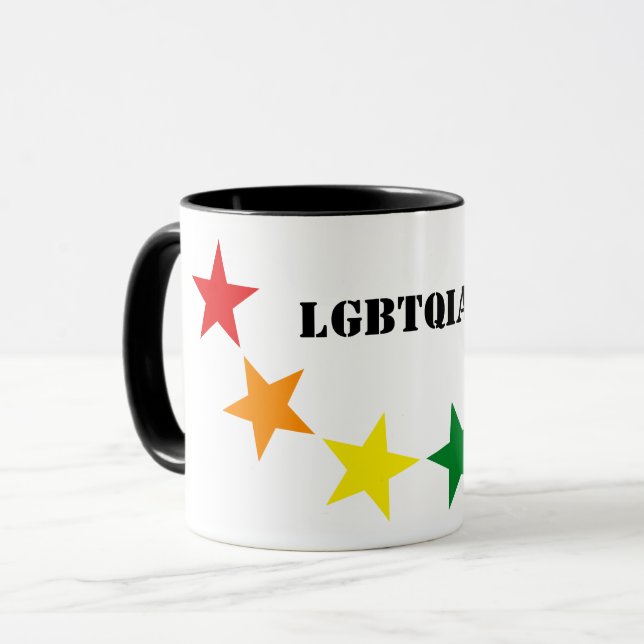 Caneca CORES DA BANDEIRA ARCO-ÍRIS ESTRELAS + suas ideias (Frente Esquerda)