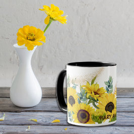 Caneca Cores d'água Girassóis e folhas de eucalipto