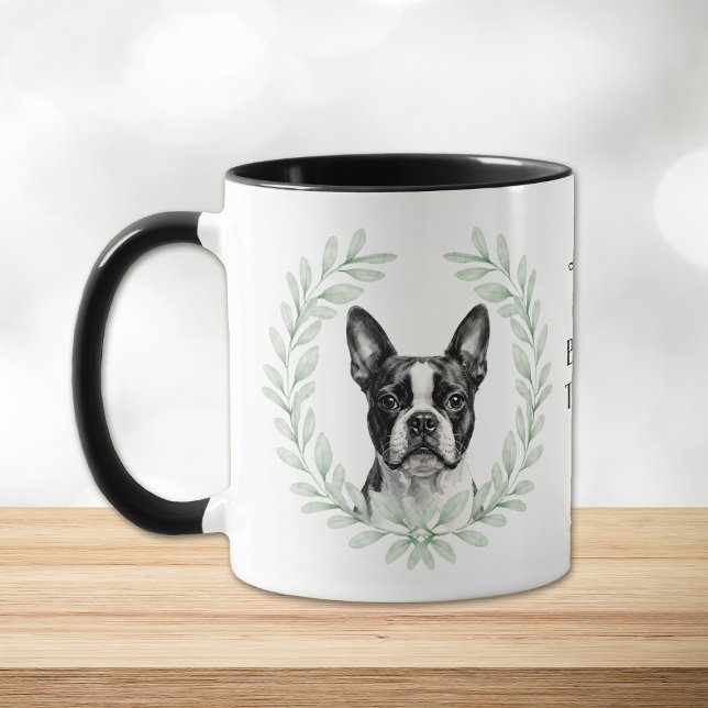 Caneca Coroa de Eucalipto Monograma de Boston Terrier Cac (Criador carregado)