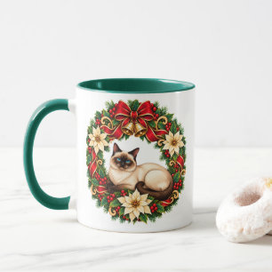 Caneca Coroa de Natal em Art Nouveau com Gato Siames
