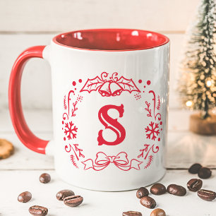 Caneca Coroa de Natal Monograma Inverno Vermelho Feriado