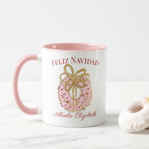Caneca Coroa Rosa de Natal Alegre Personalizada Espanhola
