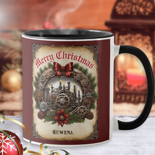 Caneca Coroa Steampunk Engrenagens Rodas Natal Personaliz (A personalized Christmas mug in Steampunk style, combining cogs and gears with a traditional wreath)