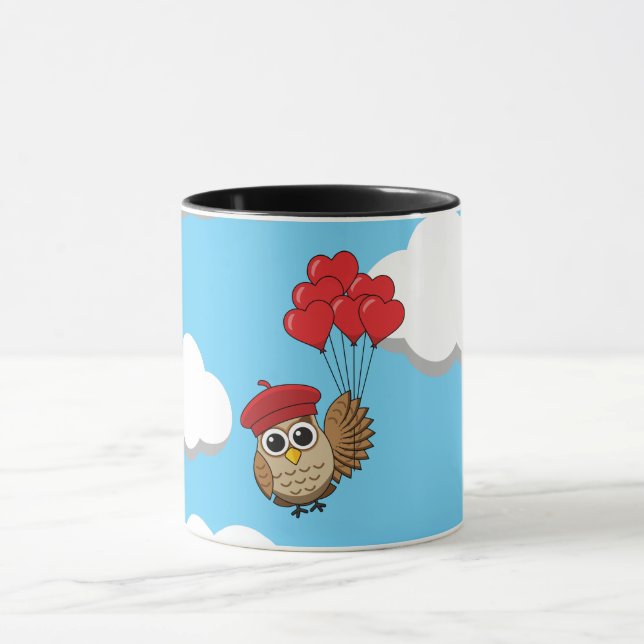 Caneca Coruja-Bonita Voando com Balões de Coração (Centro)