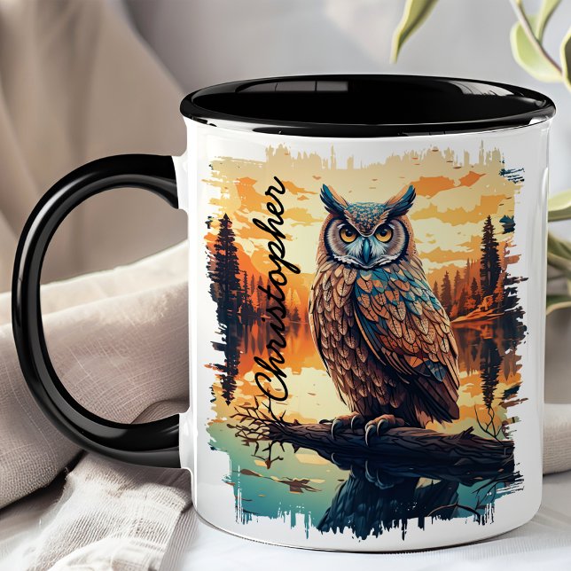 Caneca Coruja na Reflexão da Floresta ao Pôr do Sol (Criador carregado)