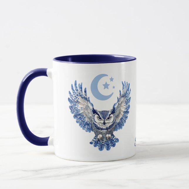 Caneca Coruja Noturna Azul Monograma e Lua (Esquerda)