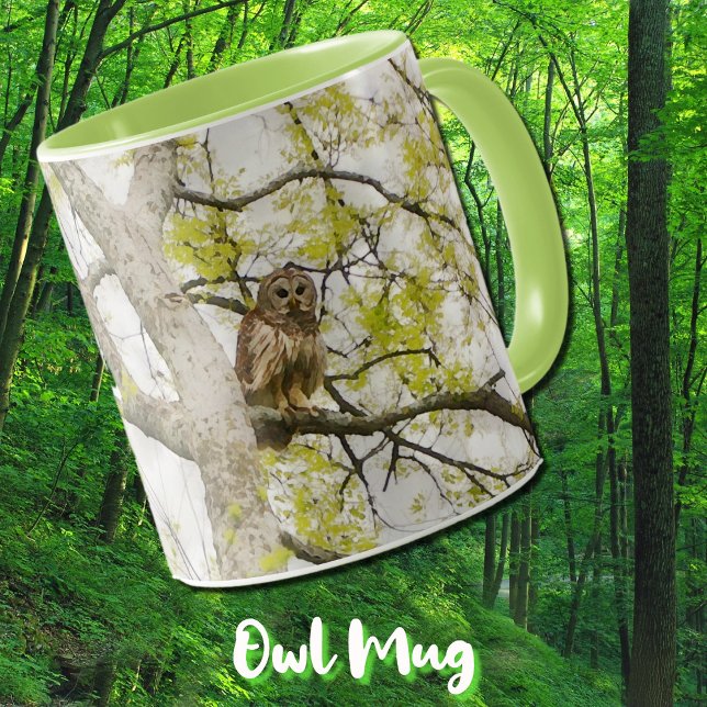 Caneca Coruja Pássaro na Tree Nature Mug Cup (A big owl in a tree, nature art on a stylish coffee mug.)