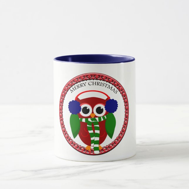 Caneca Coruja Santa Claus com cachecol e algemas azuis (Centro)
