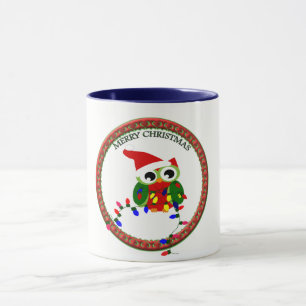 Caneca Coruja Santa Claus com luzes de natal