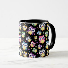 Caneca Corujas de desenho animado fofo Noite Céu Lua Estr