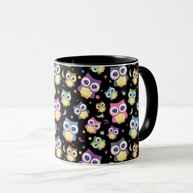 Caneca Corujas de desenho animado fofo Noite Céu Lua Estr (Frente Esquerda)