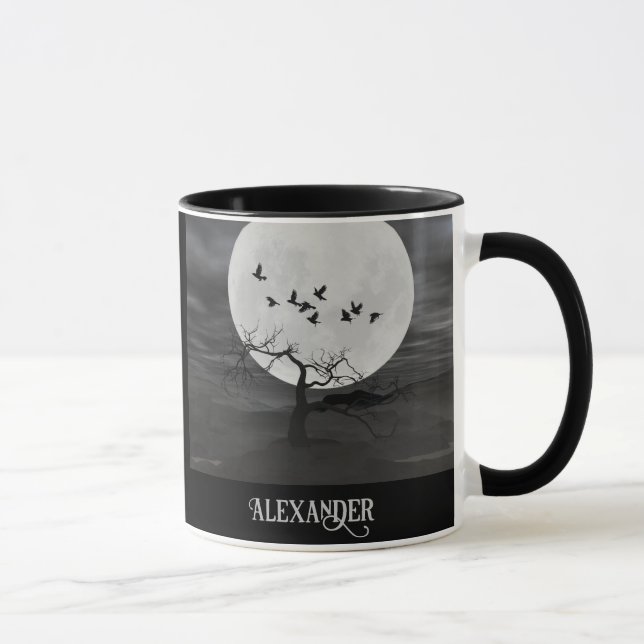 Caneca Corvos Assustadores Voando Contra a Lua Cheia (Direita)