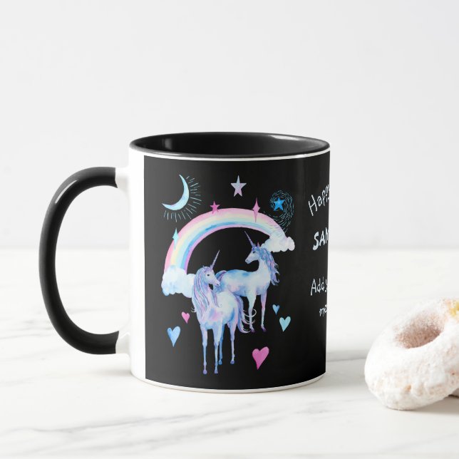 Caneca Costume do arco-íris e unicórnios (Com Donut)