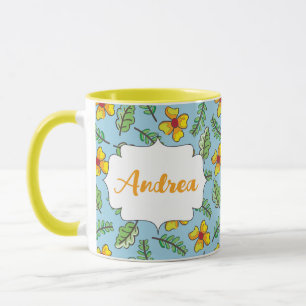 Caneca Country Yellow Flowers and Leaves Name Mug