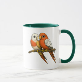 Caneca Couple d’oiseaux colorés orange et beige perchés.