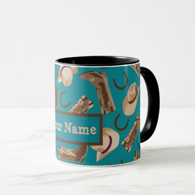 Caneca Cowboy Boots Hats Western Teal Name Personalizado (Frente Esquerda)