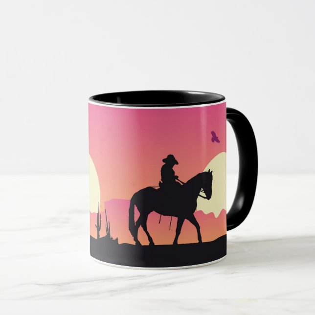 Caneca Cowboy, Cavalo e Deserto Sunset Rosa (Frente Esquerda)
