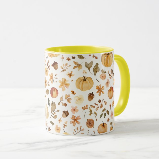 Caneca Cozy Fall Harvest Watercolor Mug | Autumn Pumpkin (Frente Esquerda)