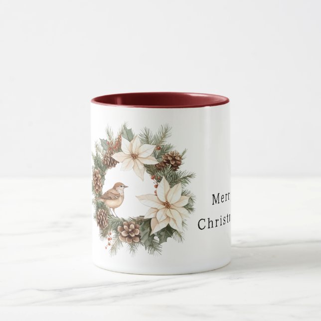 Caneca Cozy Warm Christmas Poinsettia Pine Cones Bird (Centro)