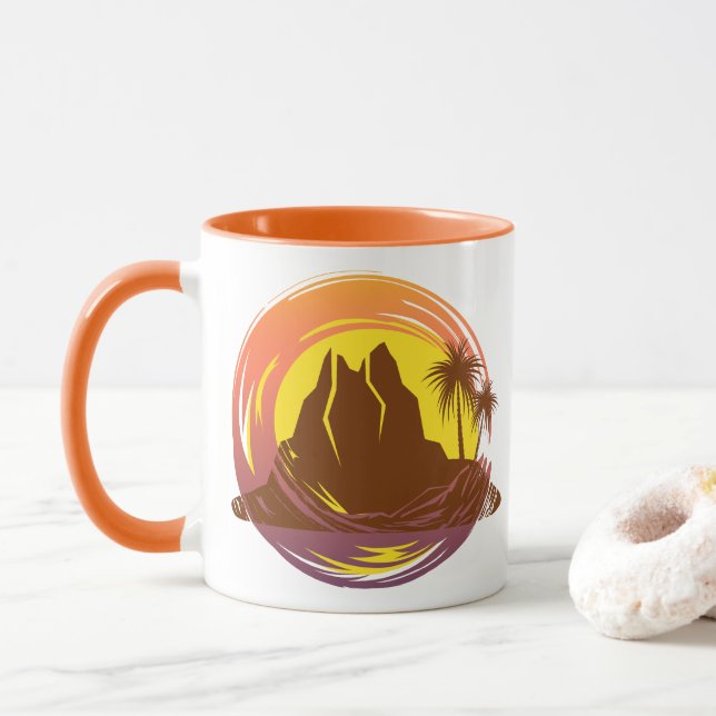 Caneca Crachá com paisagem vulcânica tropical e palmeiras (Com Donut)