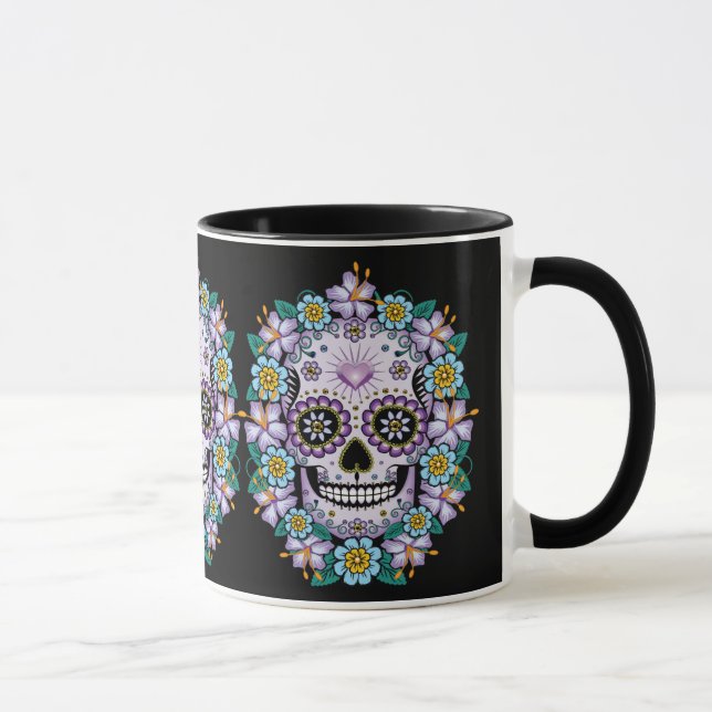 Caneca Crânio de Açúcar Roxo com Flores (Direita)