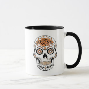 Caneca Crânio e Rosa de Açúcar Laranja e Negro