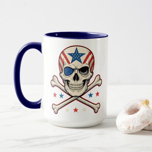 Caneca Crânio Patriótico e Bandeira Americana Crossbones (Com Donut)